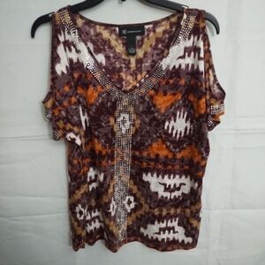 INC Leopard Aztec Rhinestone Trim Womens Cold Shoulder Sleeve  Blouse Top Size L